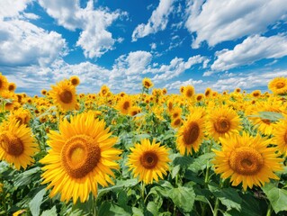 Fototapeta premium Bright sunflower field under a blue sky with scattered white clouds during daytime