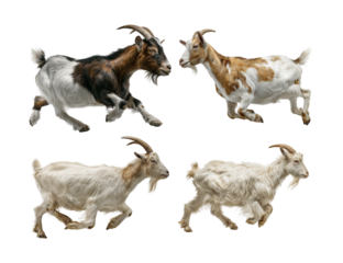 Four goats running and jumping on a transparent background, showcasing their agility isolated on transparent background