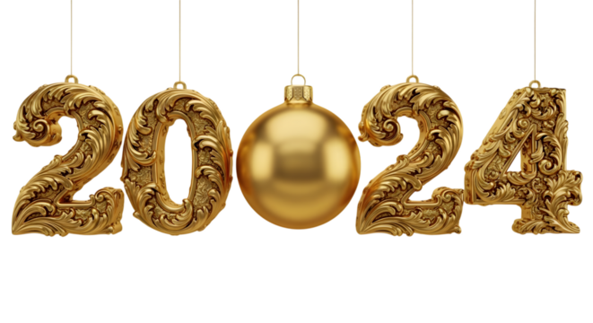 Ornate golden 2024 numbers and bauble isolated on transparent background
