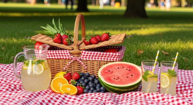 Summer Picnic Food Basket Fruit Drinks on Blanket Outdoors