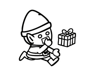 ギフトを運ぶクリスマスエルフのモノクロイラスト ベクター
