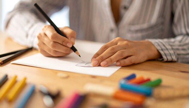 Close-up of hands drawing on paper, surrounded by art supplies