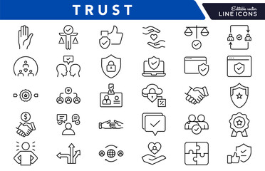 Trust linear icon set. Handshake, reliability, security, confidence, loyalty, partnership integrity, agreement, assurance, safety, cooperation, vector thin line UI icon pack.