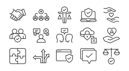Trust and reliability linear icon set. Security, handshake, integrity, partnership, confidence, loyalty, agreement, assurance, safety, collaboration, vector outline icon set. UI thin line icon pack