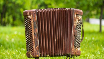 Rusty accordion in a grassy field