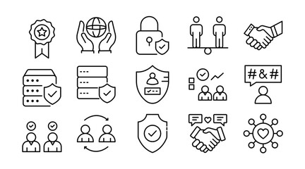 Assurance and trust linear icon set. Reliability, integrity, handshake, partnership, loyalty, confidence, safety, security, agreement, guarantee, vector thin line UI icon pack