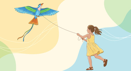 Child Joyfully Runs While Flying Bird-Shaped Kite In Bright Sky During The Day