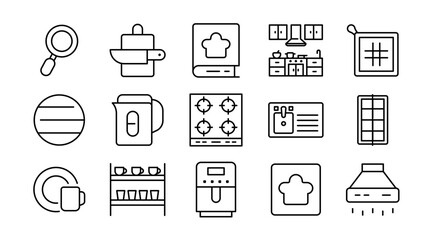 Kitchen linear icon set. Cooking, utensils, appliances, stove, cookware, dining, food preparation, chef tools, ingredients, culinary, meal, vector outline icon set. UI thin line icon pack