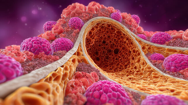Medical illustration of bone cancer and metastasis pathology. detailed view of tumor disease with malignant cell growth representing serious condition in oncology