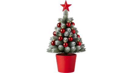 Small decorated christmas tree in red pot isolated on transparent background