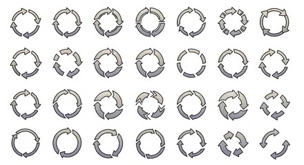 Collection of Circular Arrow Icons Representing Process Flow and Recycling