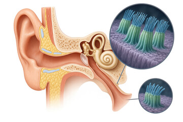 Ear Anatomy Illustration with Cochlea and Hair Cells
