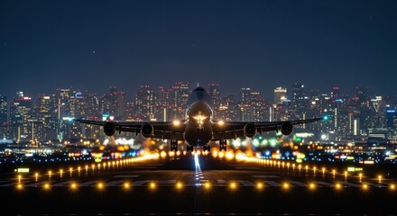 Fototapeta premium Airplane Ascending from Runway with City Lights in the Background at Night
