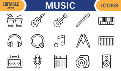 Editable vector icons of sound, recording, and entertainment instruments