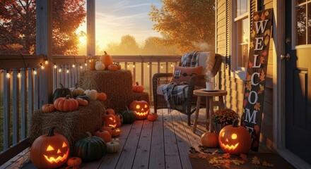 Obraz premium Cozy Autumn Porch Decoration With Carved Pumpkins And Fall Harvest Ambiance