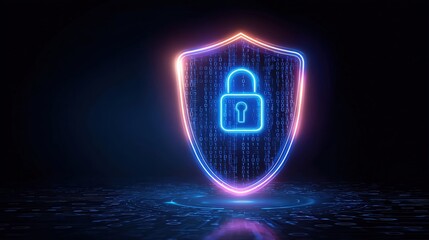 A glowing shield icon with a padlock, surrounded by binary code, symbolizes cybersecurity and digital protection in a dark, futuristic setting.