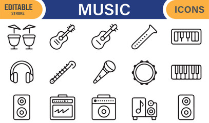 Collection of line icons representing band instruments and audio equipment