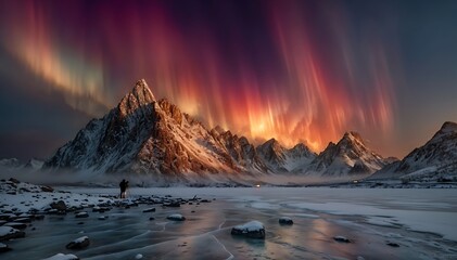 Fototapeta premium Aurora Borealis Over Snowy Mountain Range with Person Photographing, Dramatic Landscape