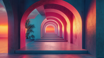 Fototapeta premium Surreal futuristic neon tunnel glowing in pink and purple hues. Great for sci-fi art, vaporwave backgrounds, cyberpunk posters, and surreal wallpapers