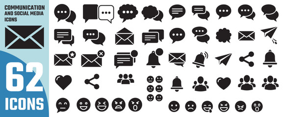 Collection of 62 communication and social media icons representing messages mail chat speech bubbles and engagement symbols in black silhouette
