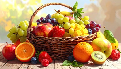 Abundance of Fresh Fruits in Wicker Basket Displayed on Wooden Table Against Blurred Background Offering Vibrant Colors and Variety of Textures