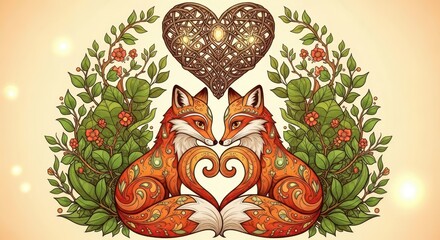 Two Adorable Foxes Forming a Heart Shape Illustration