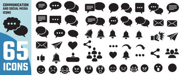 Collection of 65 communication and social media icons in black silhouette style for digital design and web applications