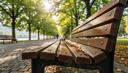 Fototapeta premium Rustic Wooden Bench with Autumn Leaves in Sunny Park