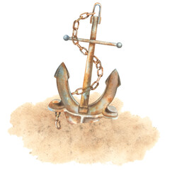 Watercolor rusty anchor on the sand of the sea bottom. A hand drawn illustration of an important part of a ship in marine style on an isolated background. Simple nautical clipart of a shipwreck.