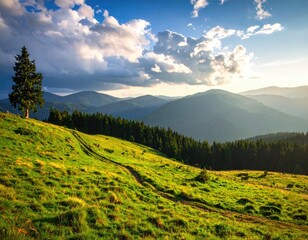 Lush Green Hillside with Coniferous Tree and Overcast Sky in Warm Sunlight Scenery Mountain Range and Forest Background Creates a Serene Nature Landscape