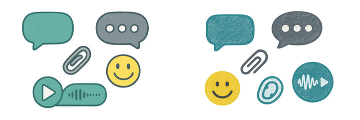 Colorful icons representing messaging and audio features on a playful background illustrating digital communication tools