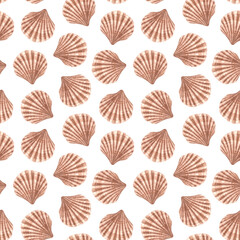 Seamless pattern with scallop. Hand drawn watercolor illustration of marine bivalve mollusk in shell on white background. Art of Seashell for nursery wallpaper, wraping paper, marine style decor