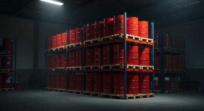 Rows of Red Barrels in a Dark Warehouse Representing Industry and Storage