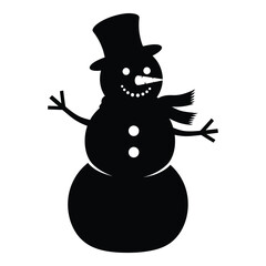 Charming black silhouette of a happy snowman with top hat and scarf winter icon silhouette