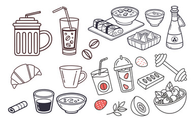 A hand-drawn vector doodle set of food and drink icons for a restaurant menu or cafe design