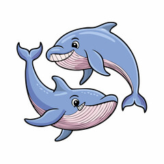 Obraz premium Two cartoon dolphins swimming in a circular motion, smiling with visible teeth on a white background.