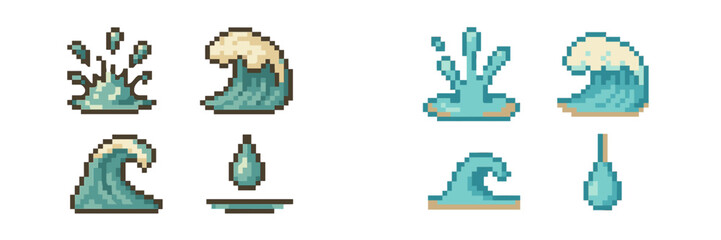 Obraz premium Collection of pixelated water elements in retro video game style, featuring ocean waves, splashing droplets, and liquid effects for digital design projects