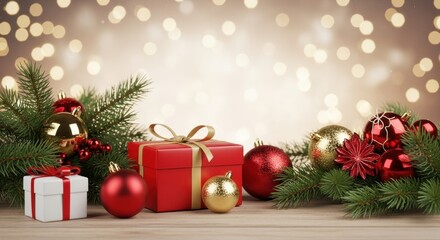 Festive Red and Gold Christmas Presents Surrounded by Pine Needles and Ornaments