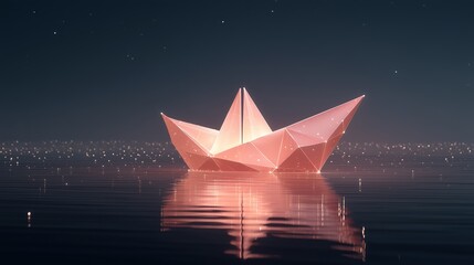 Obraz premium Stylized Geometric Paper Boat Illuminated with Warm Light Floating on Calm Water Under Starry Night Sky Surrounded by Particles Representing Tranquility and Digital Serenity