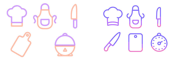 Set of essential kitchen and cooking utensils including chef hat apron knife cutting board pot and timer icons