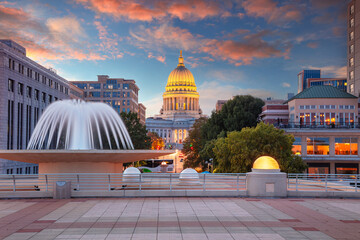 Madison, Wisconsin, USA. Cityscape image of downtown Madison with Wisconsin State Capitol Building at beautiful autumn sunset. © rudi1976