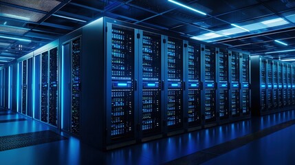 Modern data center with glowing blue server racks and advanced network infrastructure, perfect for illustrating cloud computing, cybersecurity, IT operations, and digital technology solutions