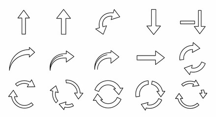 A collection of fifteen different arrow designs pointing in various directions, including straight, curved, and circular shapes, all outlined in black on a white background.