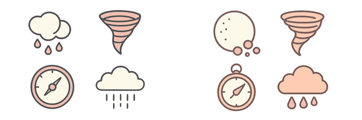 Diverse collection of weather and navigation icons set featuring rain clouds, tornado, compass, and moon symbols for digital applications and infographics
