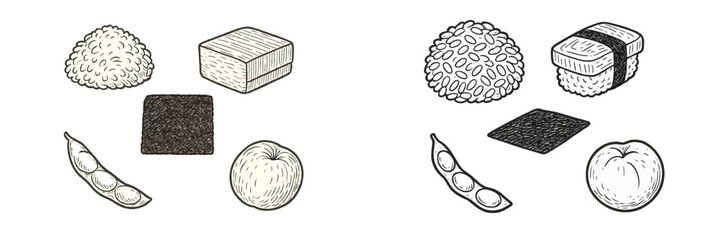 Traditional Japanese food ingredients and dishes: rice, tofu, nori, edamame, apple in hand-drawn sketch style