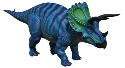 Isolated Triceratops with blue stripes, big horns and a neck frill viewed at a low angle