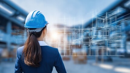 A professional woman in a hard hat observes a construction site, with digital blueprints overlaying the scene, showcasing innovation in architecture and engineering.