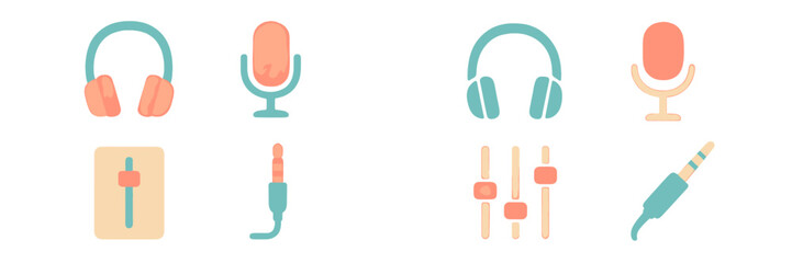Watercolor style audio equipment icons set featuring headphones microphones sound mixer faders and audio jack for various media projects