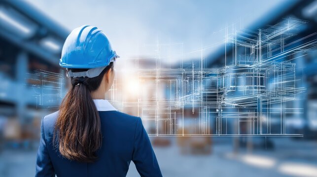 A professional woman in a hard hat observes a construction site, with digital blueprints overlaying the scene, showcasing innovation in architecture and engineering.