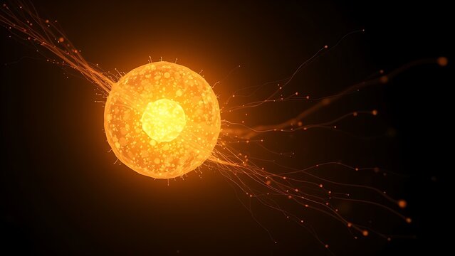 A single, glowing primordial cell dividing rapidly in a dark aquatic environment with vibrant energy trails.